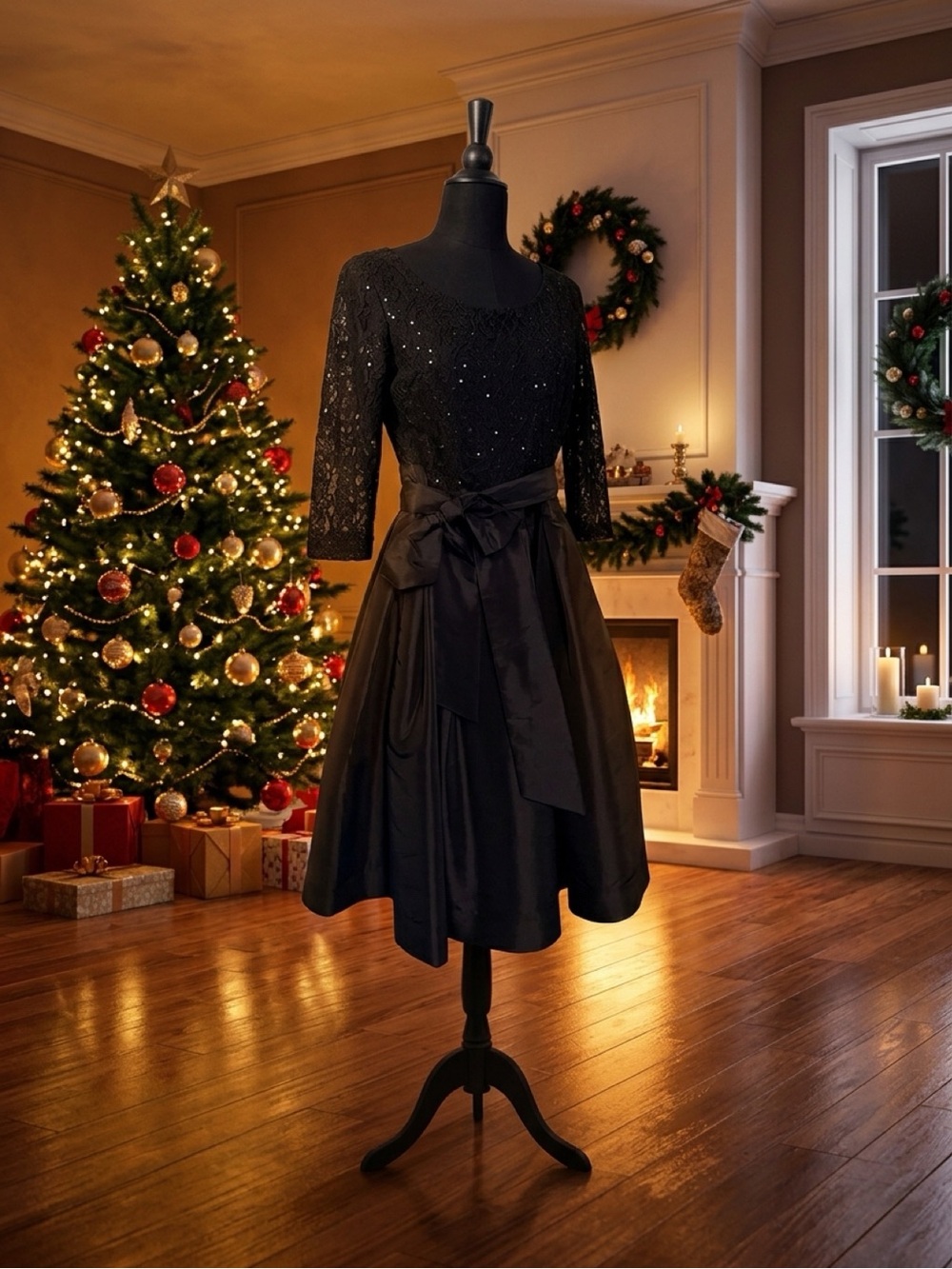 R&M Richards Black Sequin Lace Midi Dress with Sash